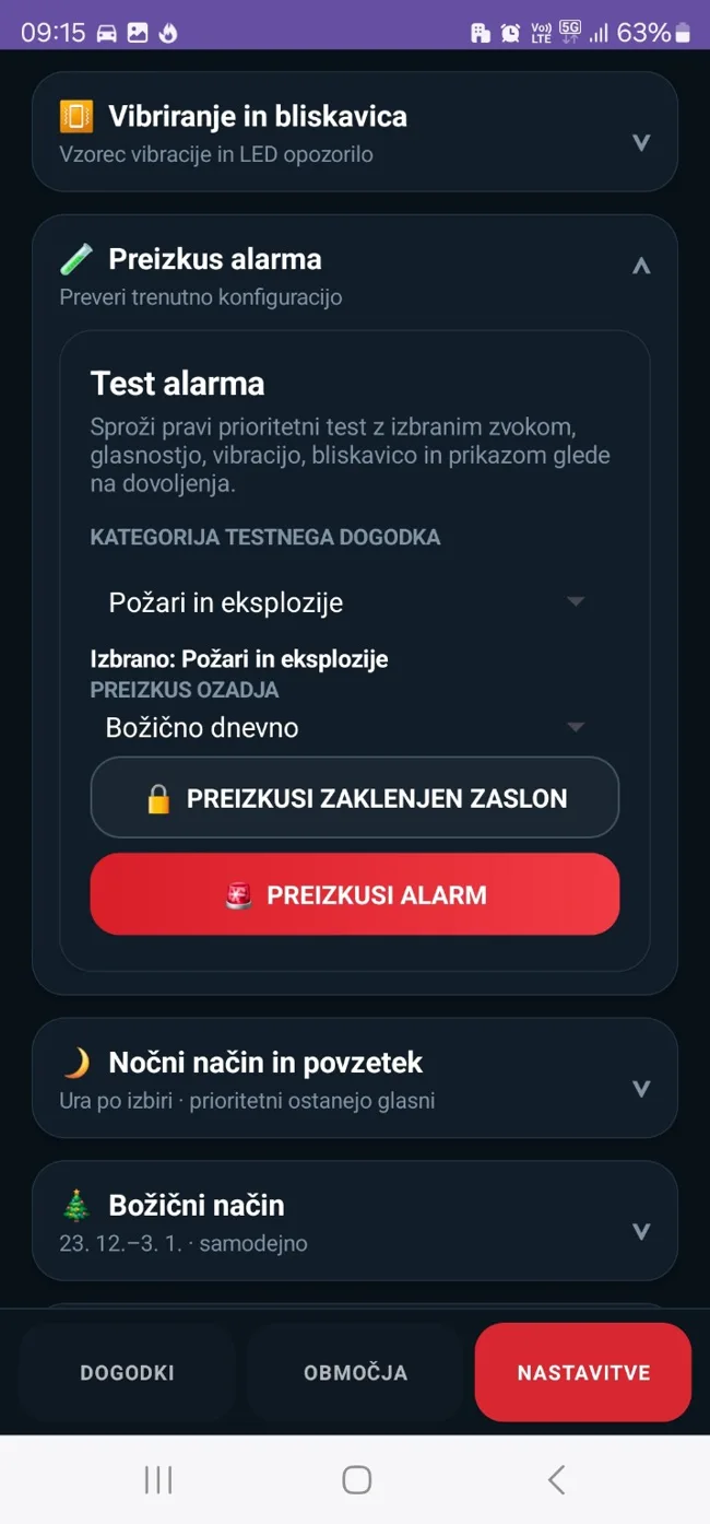 Dejanski posnetek nastavitev aplikacije SPINAlarm